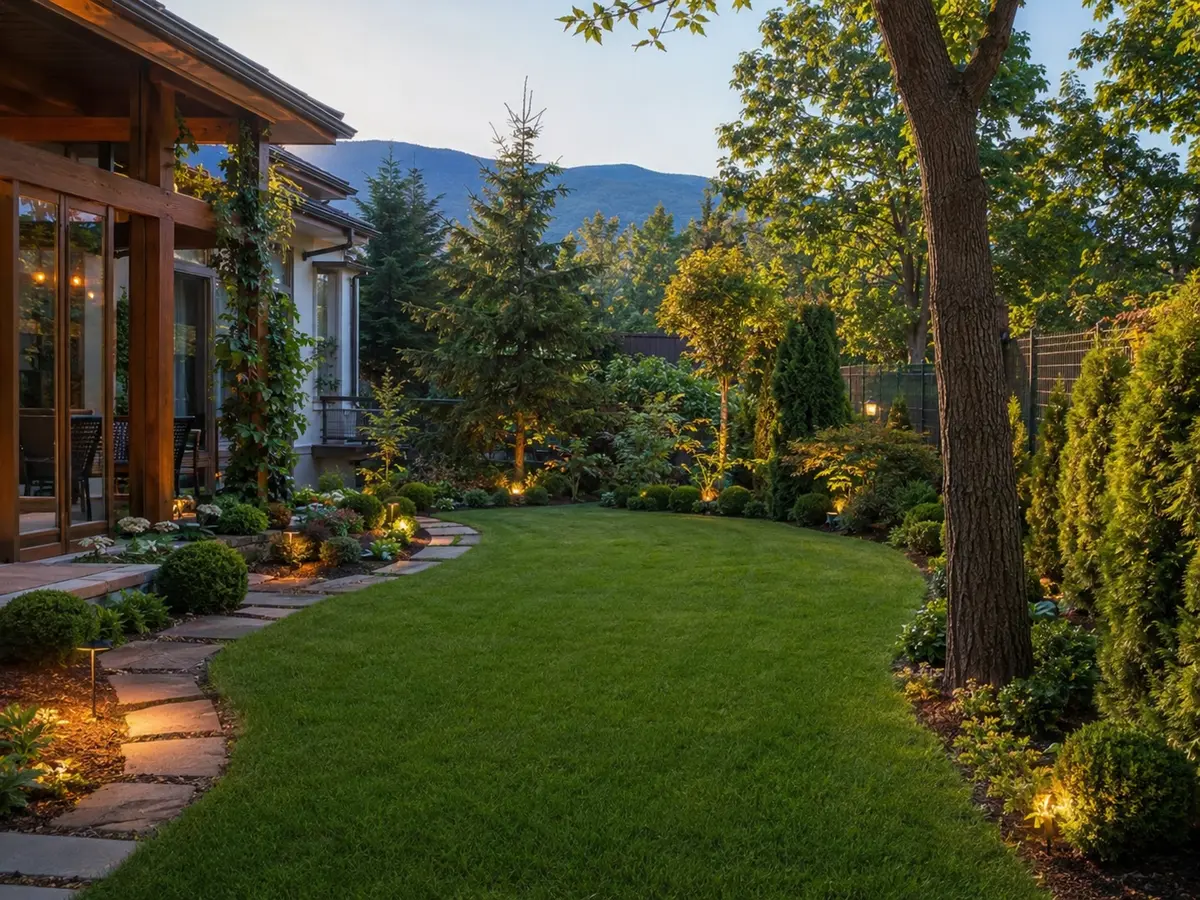 Maintained lawn and planted garden beds