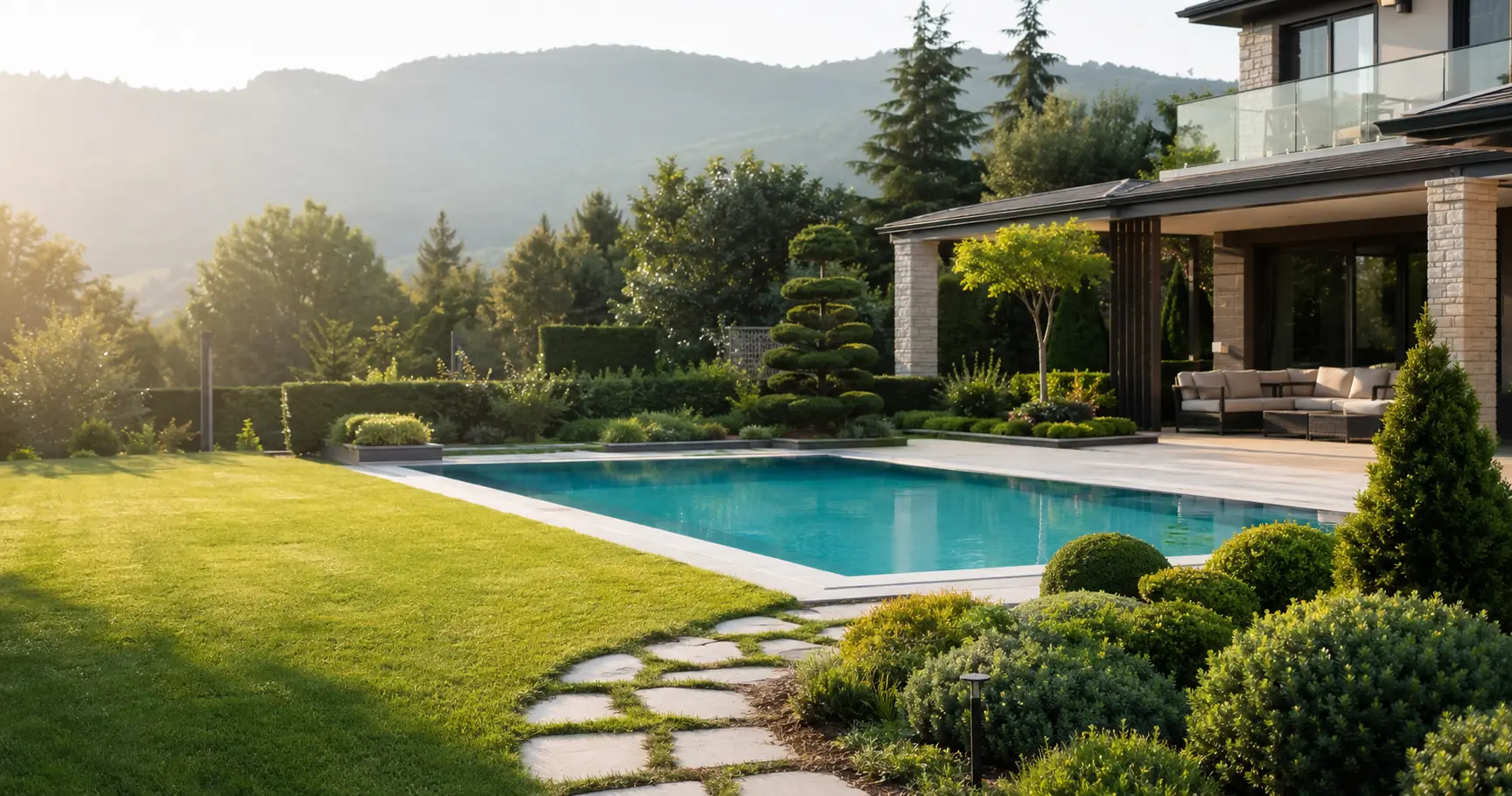 Professionally maintained garden and clear swimming pool